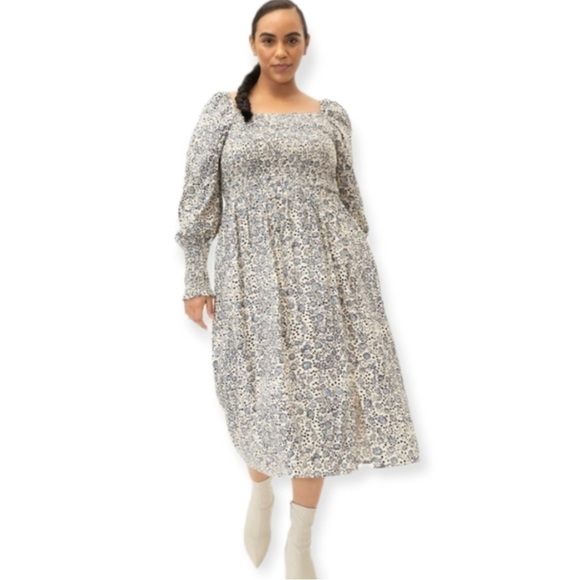 🔥ELOQUII Elements Women's Plus Size Dandelion Print Midi Dress w/Smocked Bodice - Picture 1 of 13
